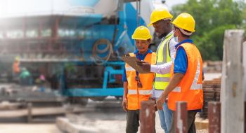 construction workers discussing project plans at a busy worksite